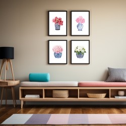 Çiçek Dörtlemesi Metal Çerçeveli Cam Tablo Seti